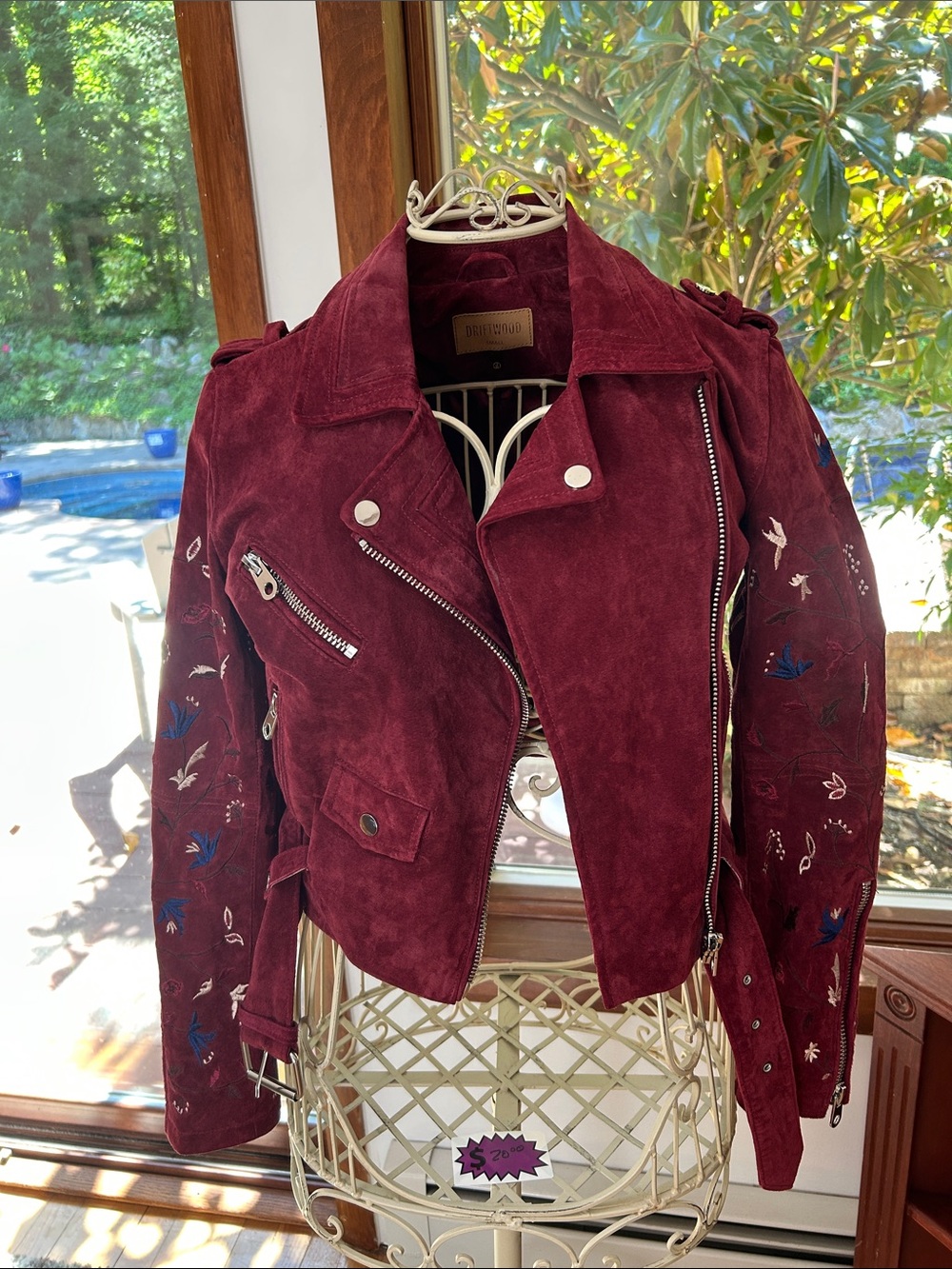 DRIFTWOOD Burgundy Suede Embroidered Moto Jacket